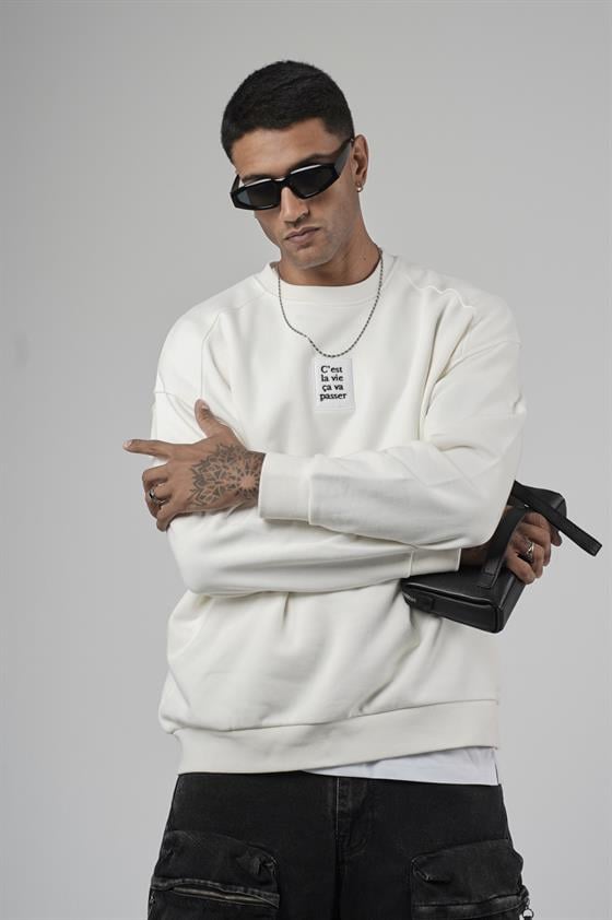 Image of Crew Neck Oversize Basic Men's Sweatshirt with Front Label Detail