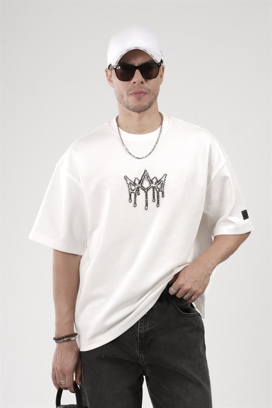 Image of Crew Neck Oversize Men's T-Shirt with Rhinestone Logo Detail