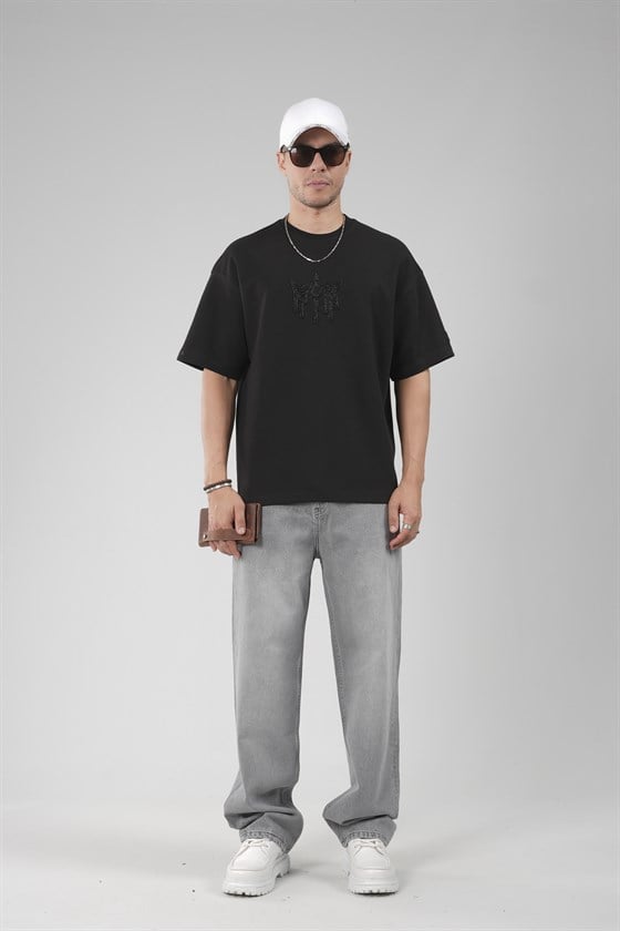 Image of Crew Neck Oversize Men's T-Shirt with Rhinestone Logo Detail