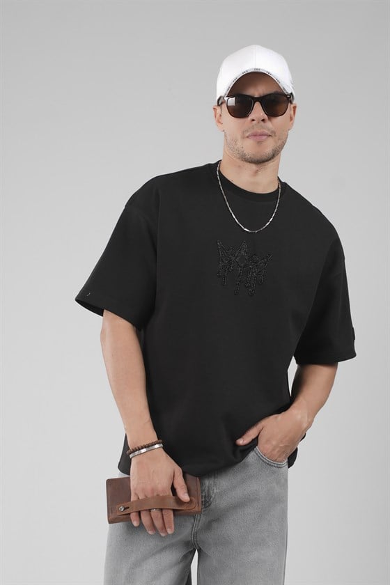 Image of Crew Neck Oversize Men's T-Shirt with Rhinestone Logo Detail