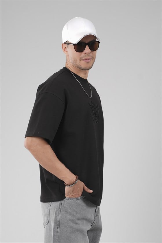 Image of Crew Neck Oversize Men's T-Shirt with Rhinestone Logo Detail