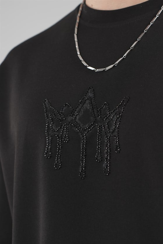 Image of Crew Neck Oversize Men's T-Shirt with Rhinestone Logo Detail