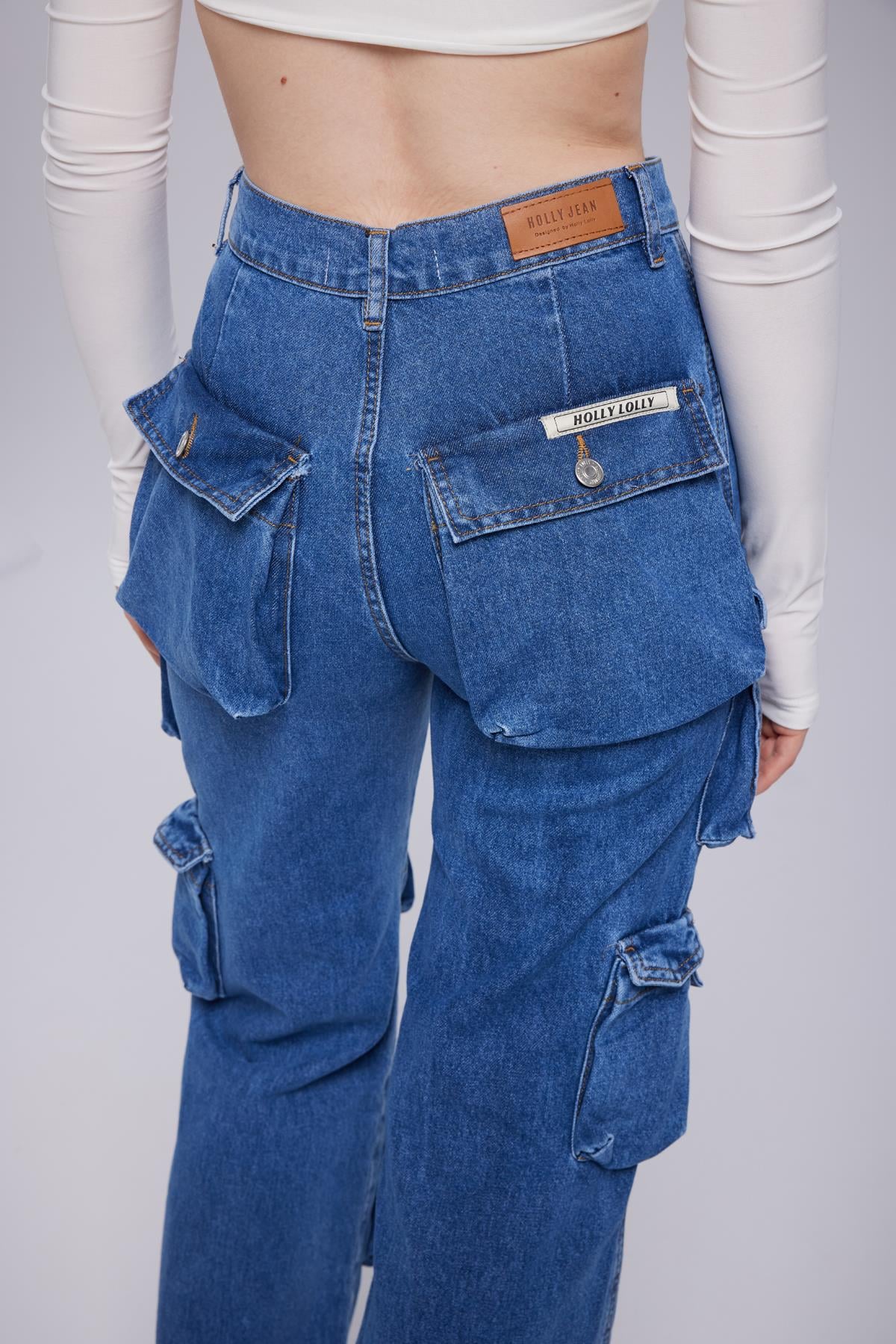 Image of Yüksek Bel Wide Leg  Cargo Jean Pantolon Mavi