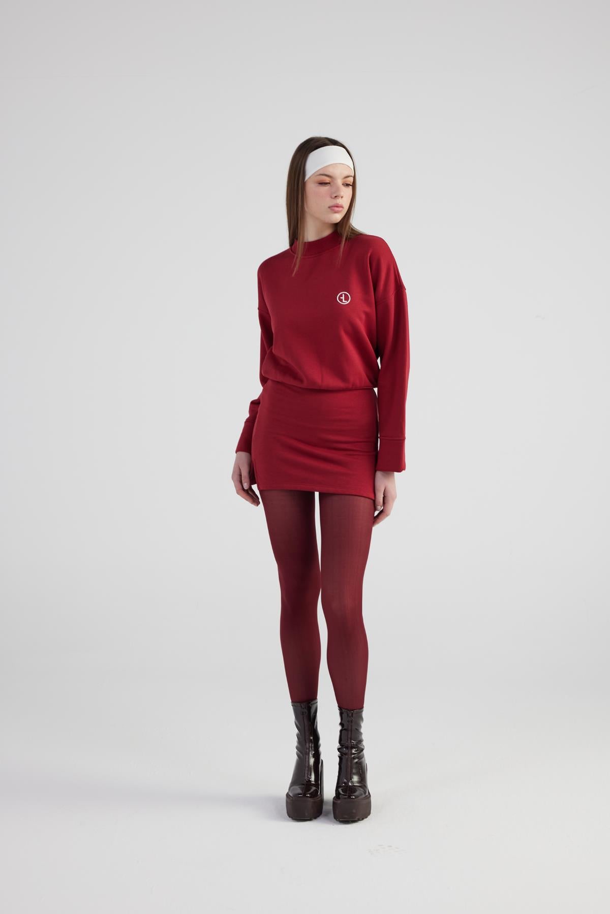 Image of Yırtmaçlı Dokuma Kumaş Mini Claire Elbise Bordo
