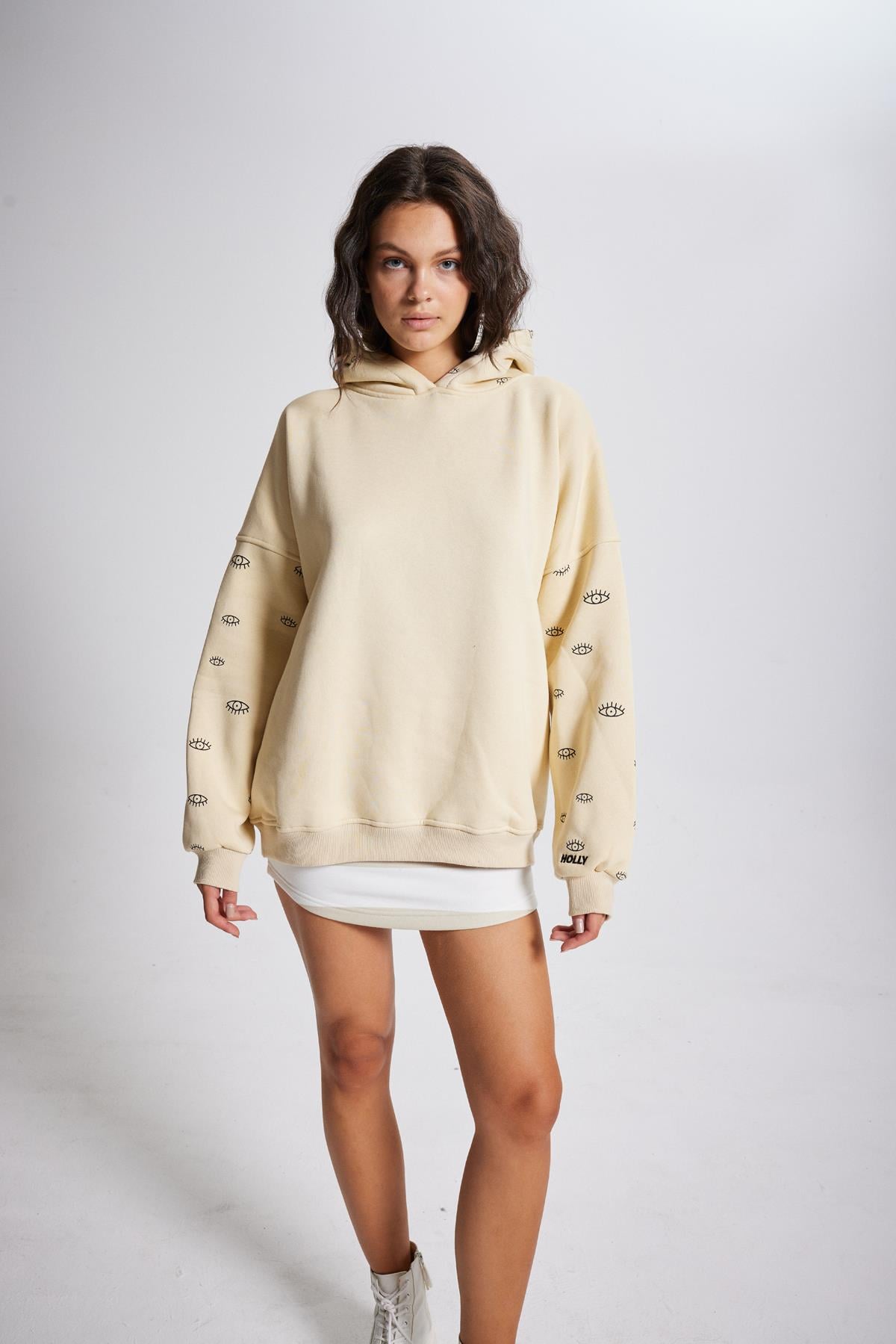 Image of Oversize Kapüşonlu Unisex Eye Sweat Bej