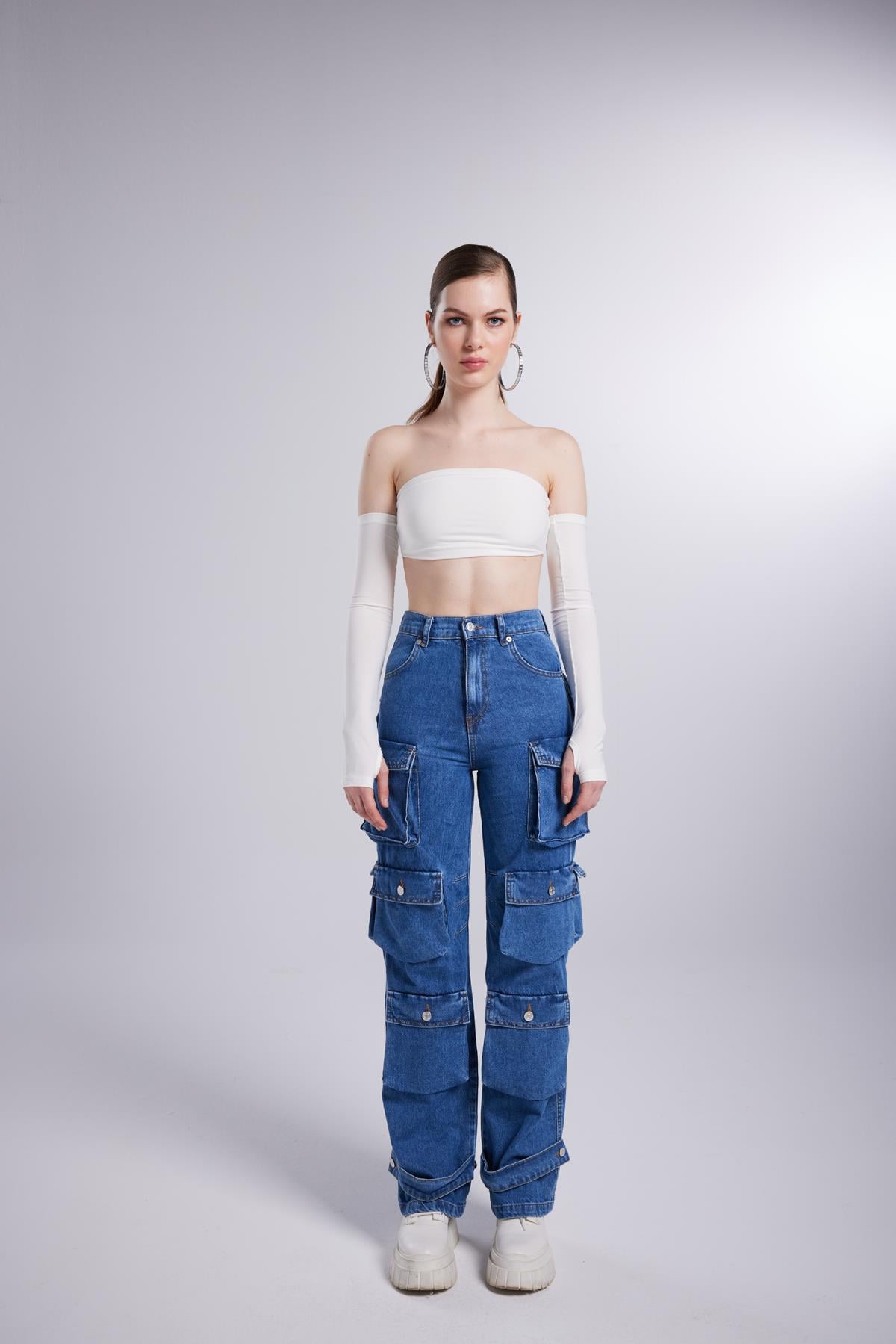 Image of Yüksek Bel Wide Leg  Cargo Jean Pantolon Mavi