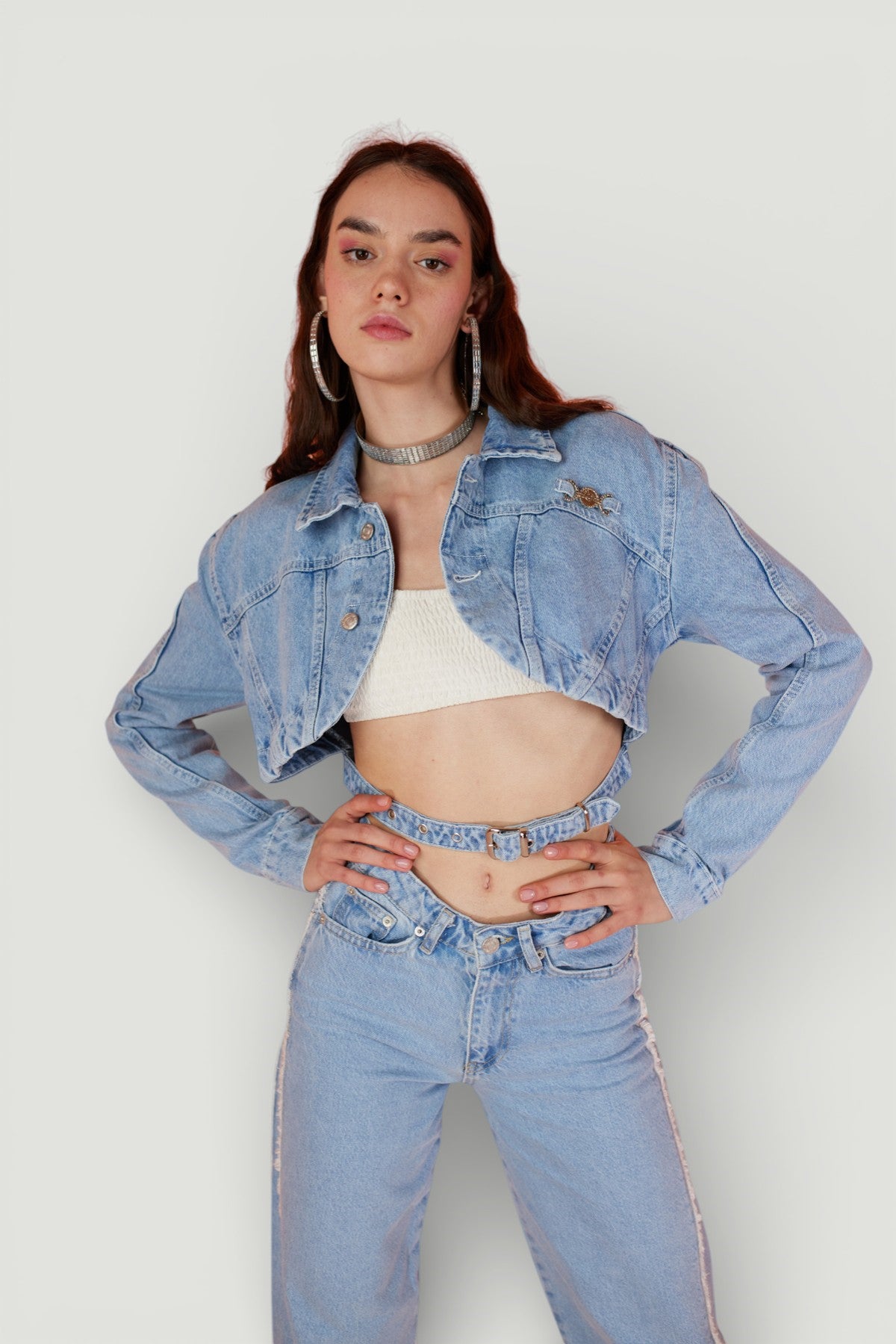 Image of Crop Model Düğme Kapamalı Biana Jean Ceket Mavi