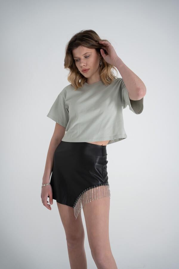 Image of Kısa Kol Bisiklet Yaka Basic Viole Tshirt Haki