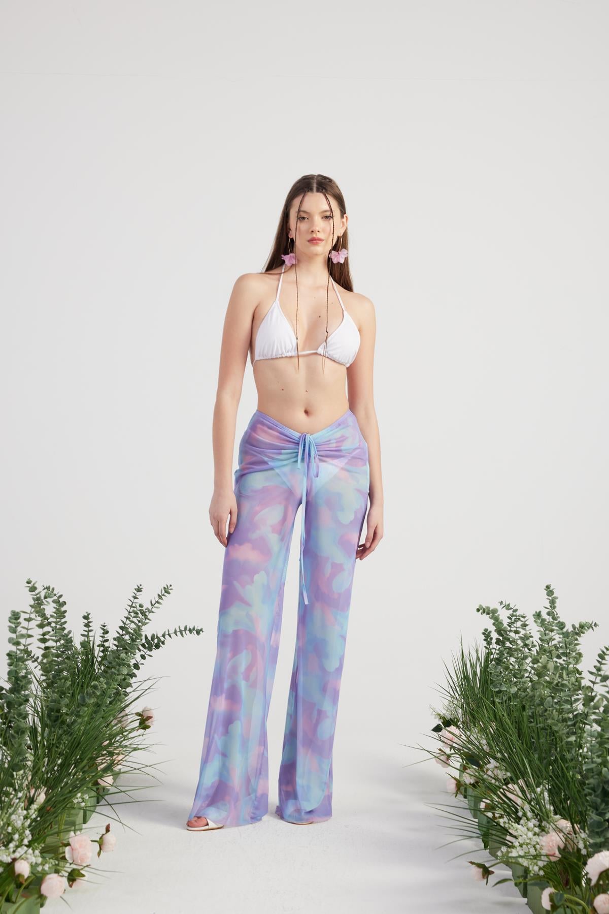 Image of Beli İp Detaylı Tül Pareo Shirred Pantolon Lila