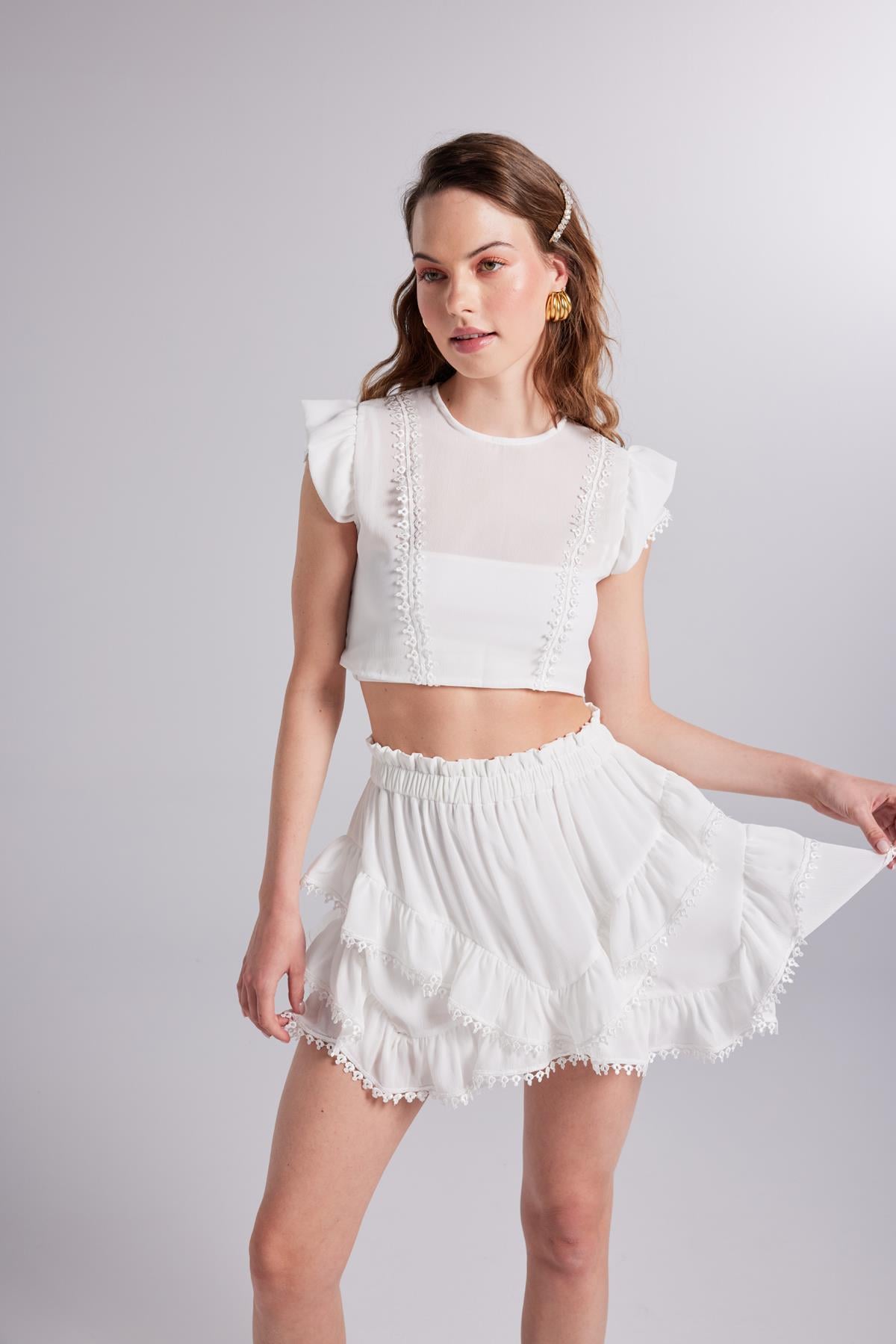 Image of Brode Detaylı Crop Pixie Bluz Beyaz
