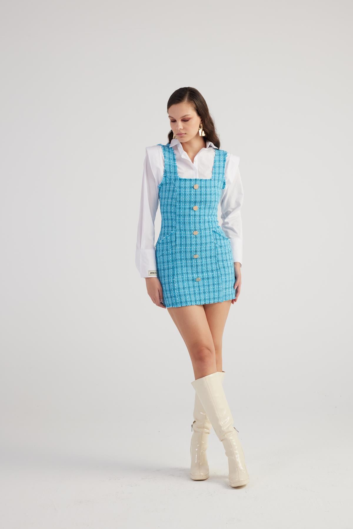 Image of Metal Düğme Detaylı Mini Tüvit Tweed Elbise Mavi