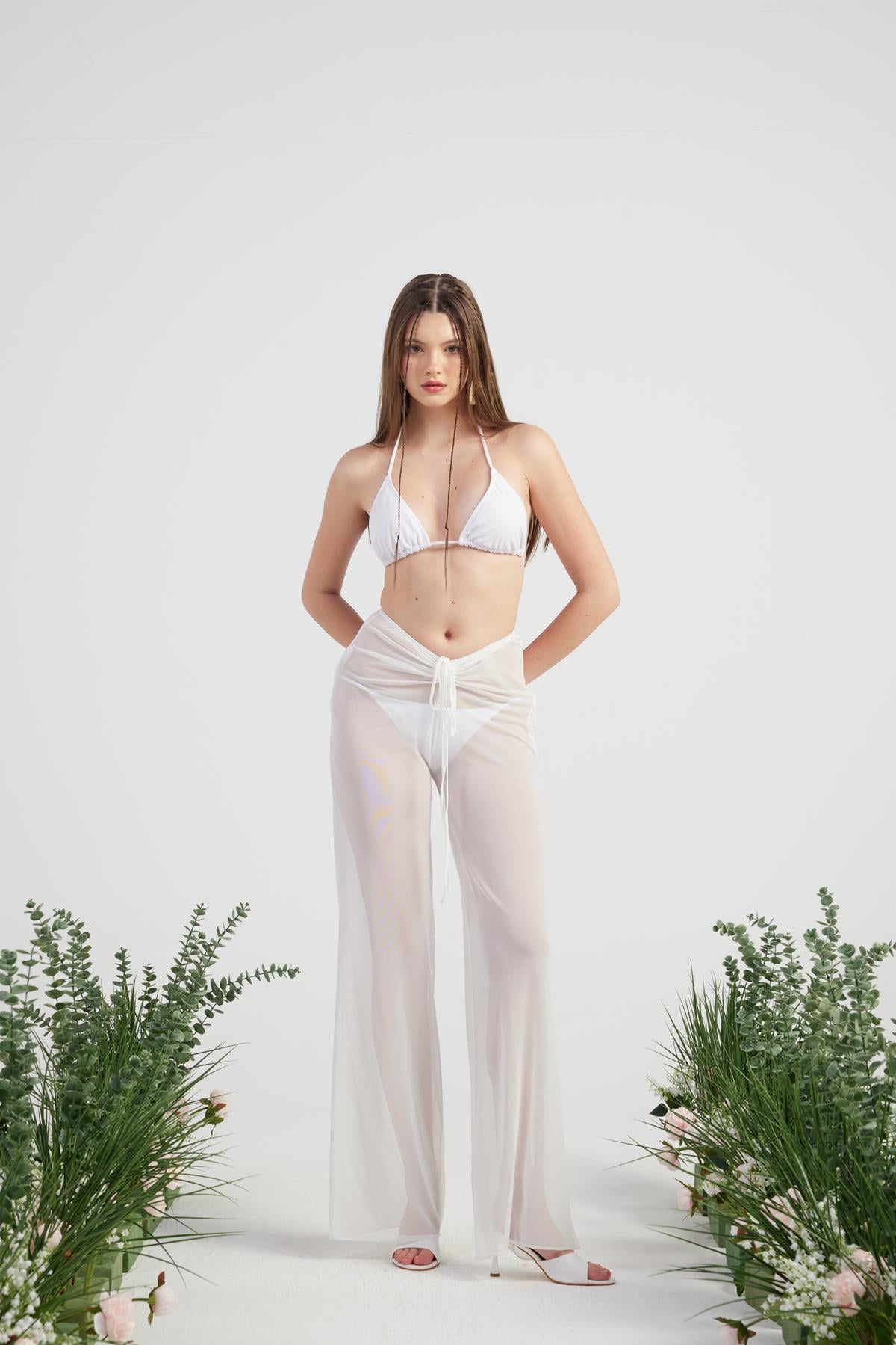 Image of Beli İp Detaylı Tül Pareo Shirred Pantolon Beyaz