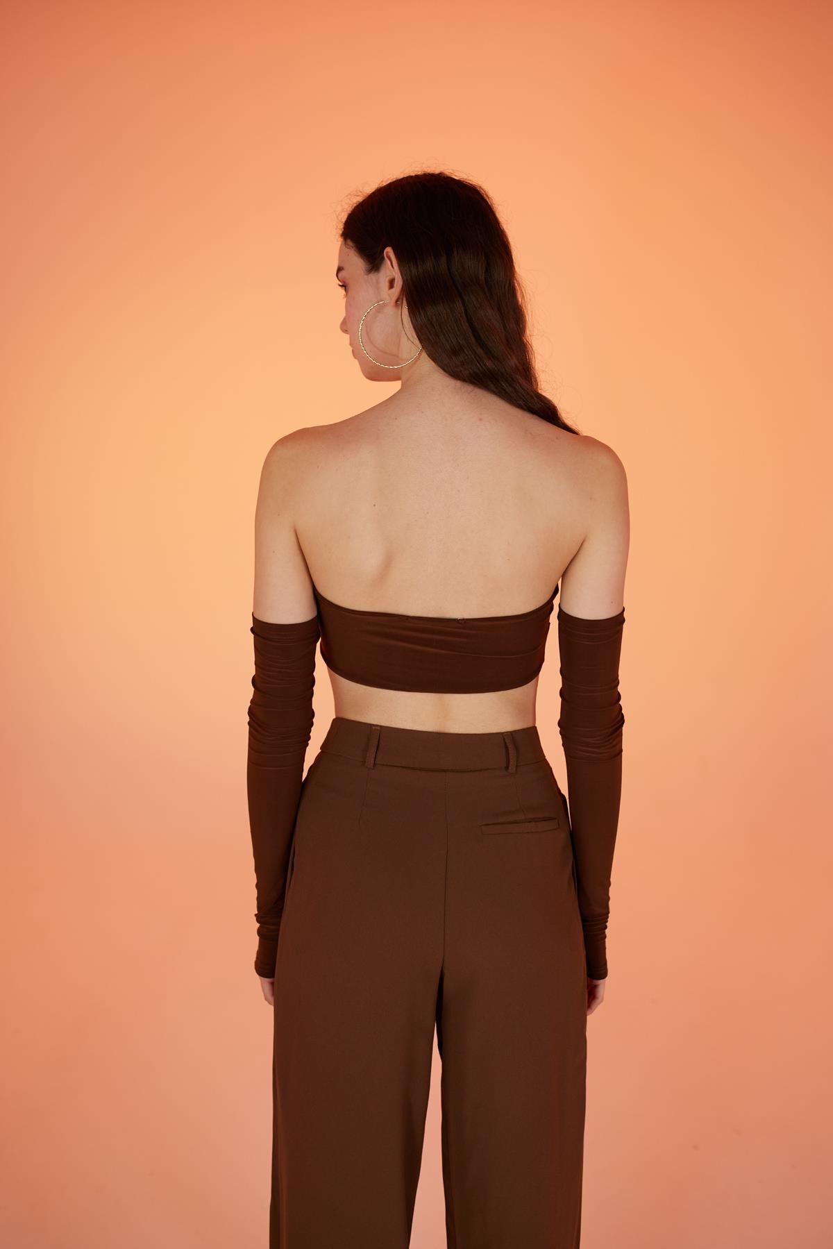 Image of Straplez Model Kol Detaylı Noir Bluz Kahverengi