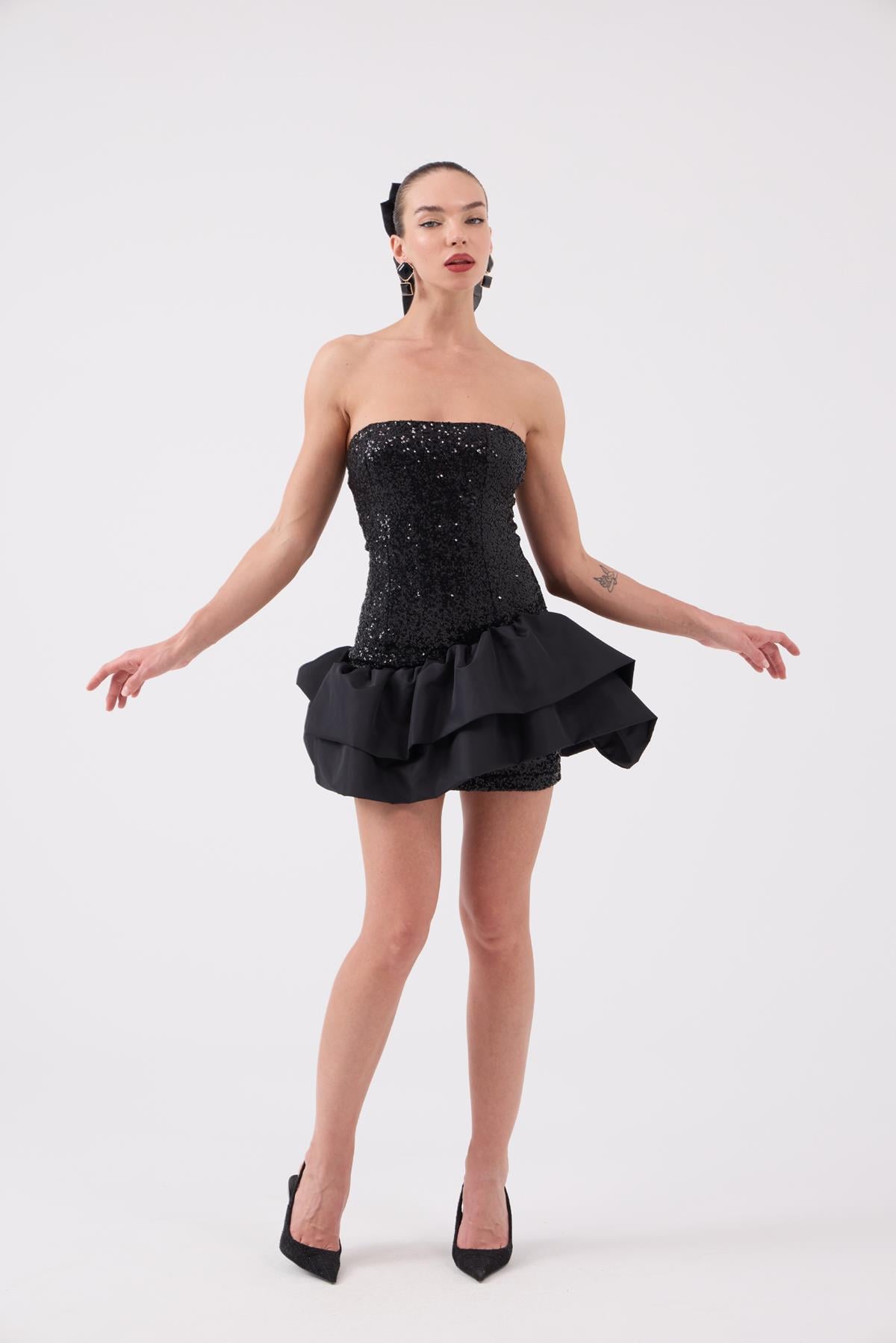 Image of Payetli Mini Frencesca Elbise Siyah