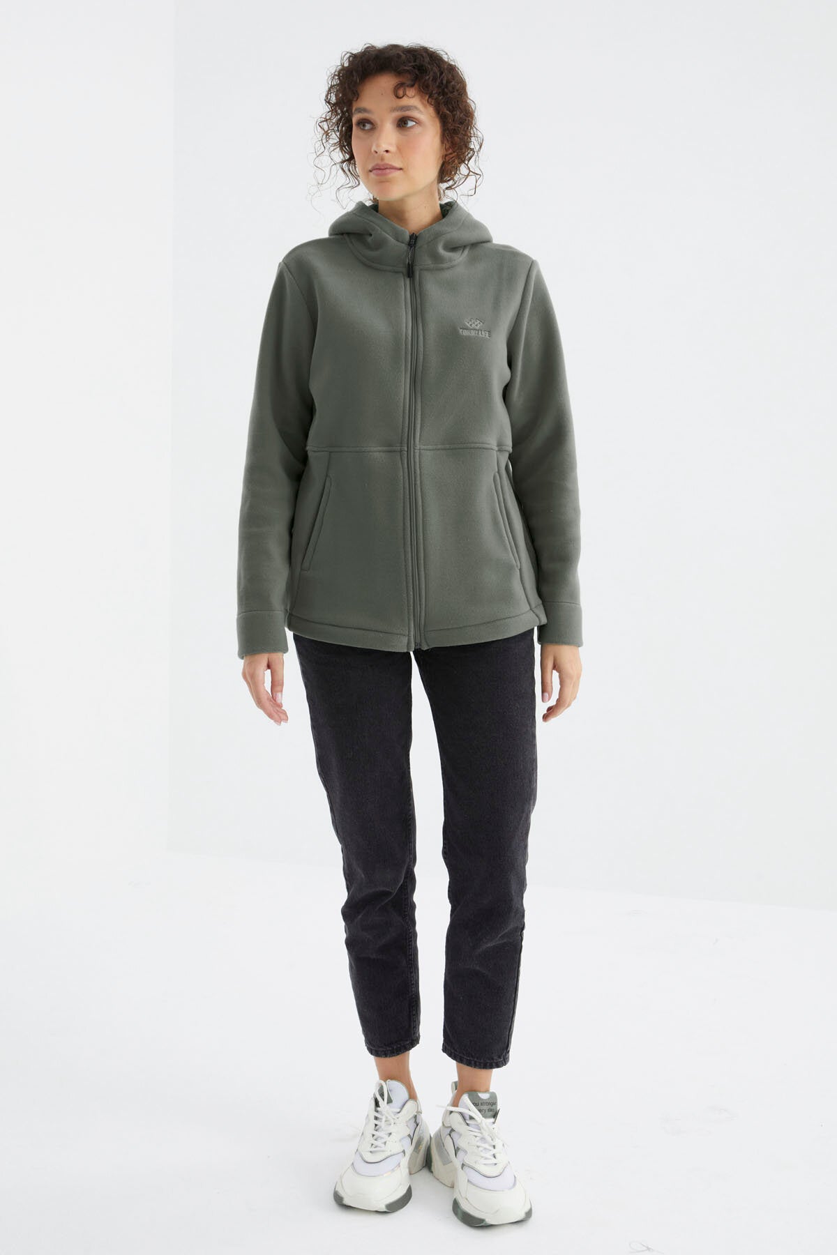 Image of Çağla Kapüşonlu Fermuarlı Rahat Form Kadın Polar Sweatshirt - 97233