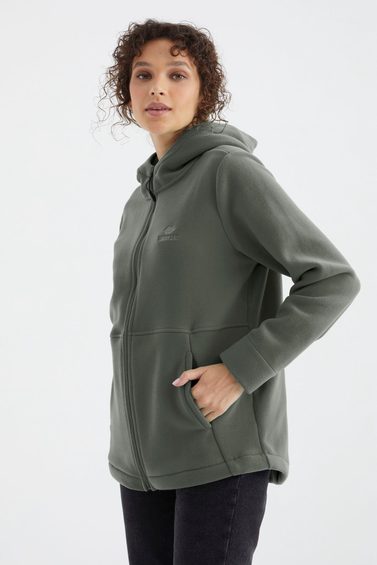 Image of Çağla Kapüşonlu Fermuarlı Rahat Form Kadın Polar Sweatshirt - 97233