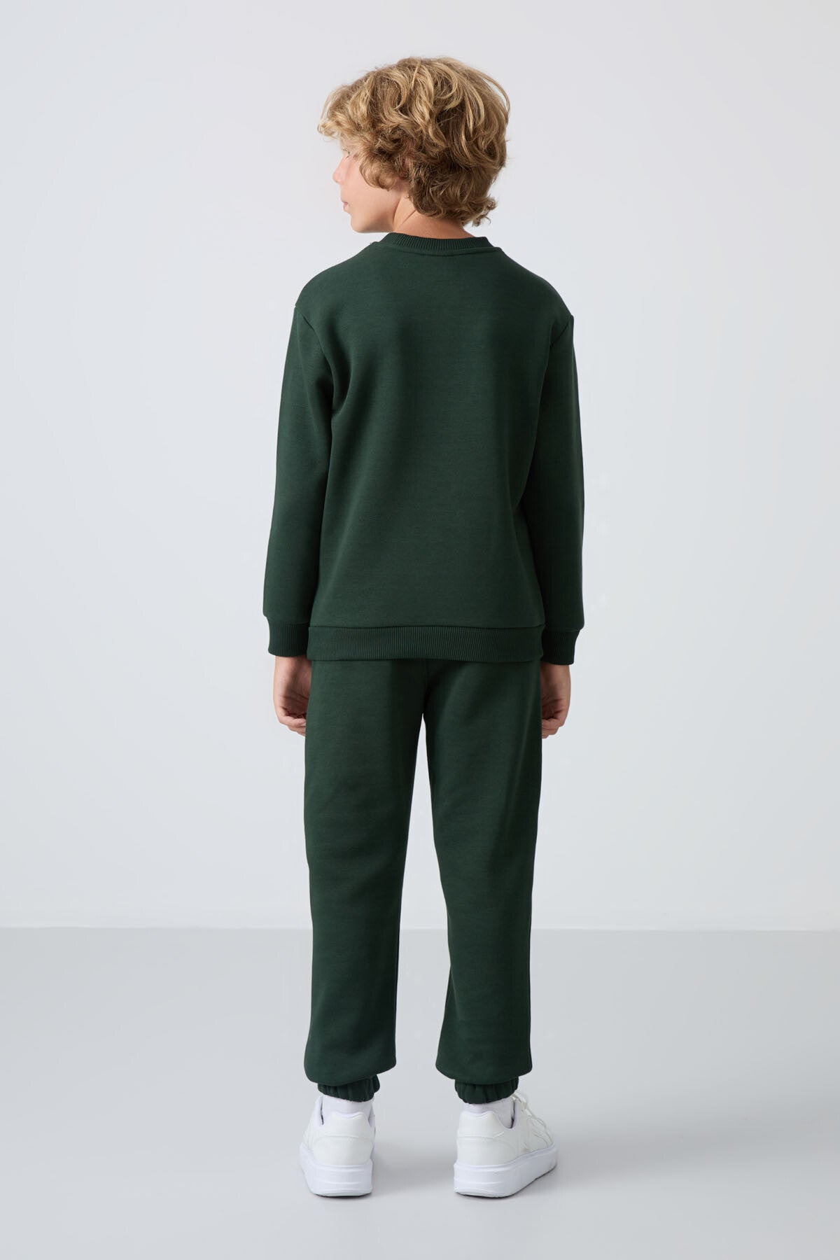 Image of Trening pentru băieți, verde pin, cu căptușeală din fleece gros din bumbac, croială standard și imprimeu - 11257