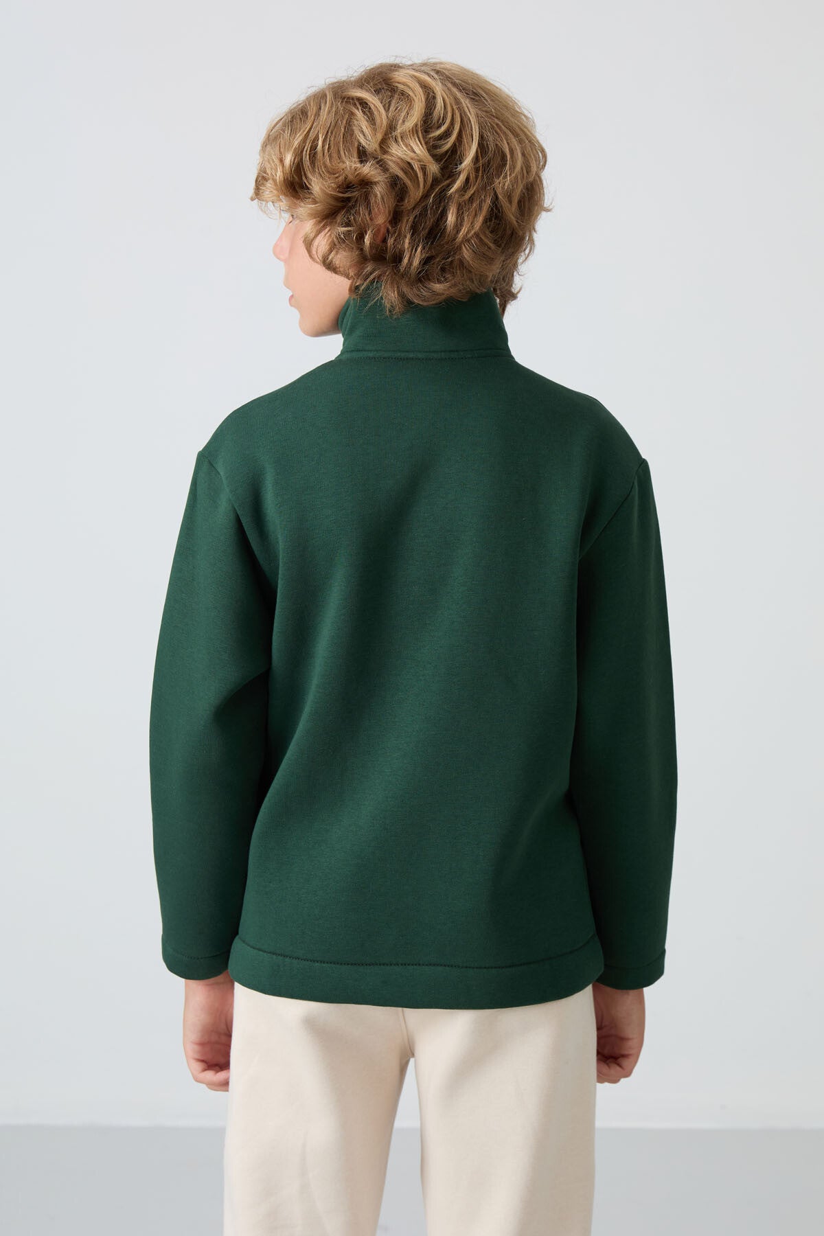 Image of Hanorac pentru băieți, verde pin, din bumbac gros, căptușit cu fleece, texturat moale, croială standard, brodat - 11245