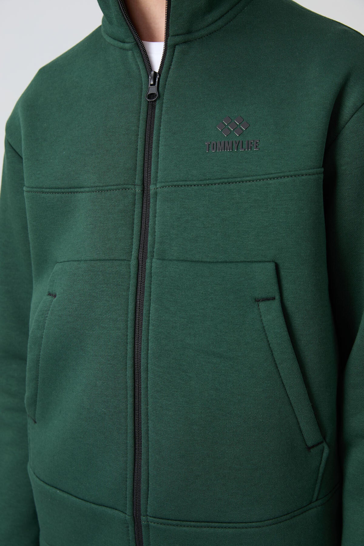 Image of Hanorac pentru băieți, verde pin, din bumbac gros, căptușit cu fleece, texturat moale, croială standard, brodat - 11245