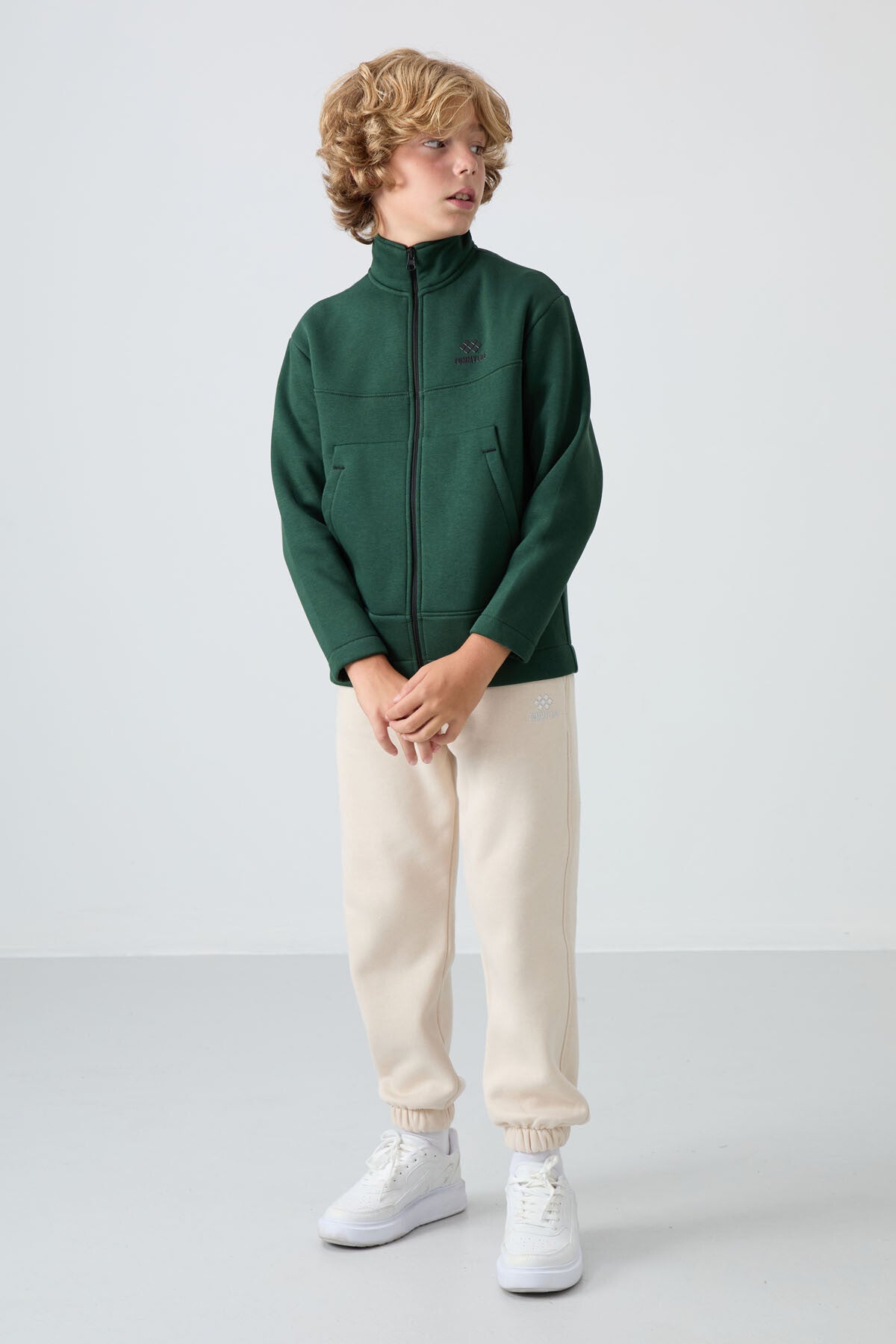 Image of Hanorac pentru băieți, verde pin, din bumbac gros, căptușit cu fleece, texturat moale, croială standard, brodat - 11245
