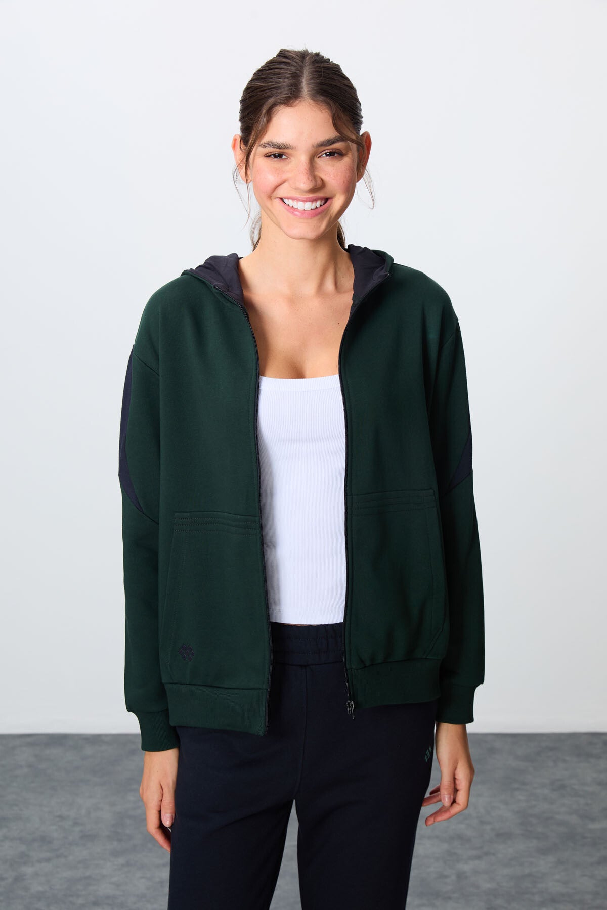 Image of Çam Yeşili-Lacivert Pamuklu Kalın Kapüşonlu Oversize Fit Kadın Eşofman Takım - 95343