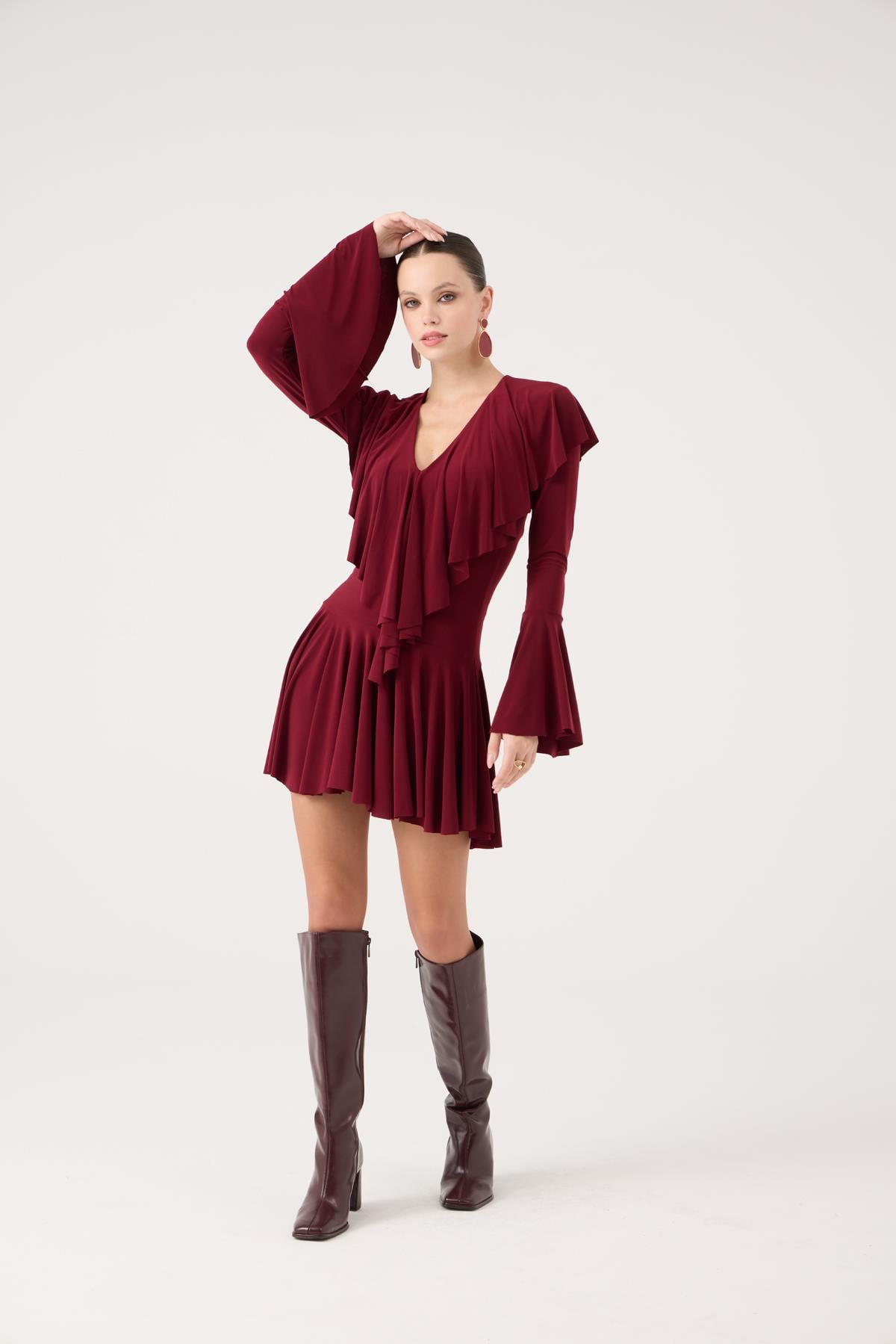 Image of Fırfırlı Mini Yolanthe Elbise Bordo