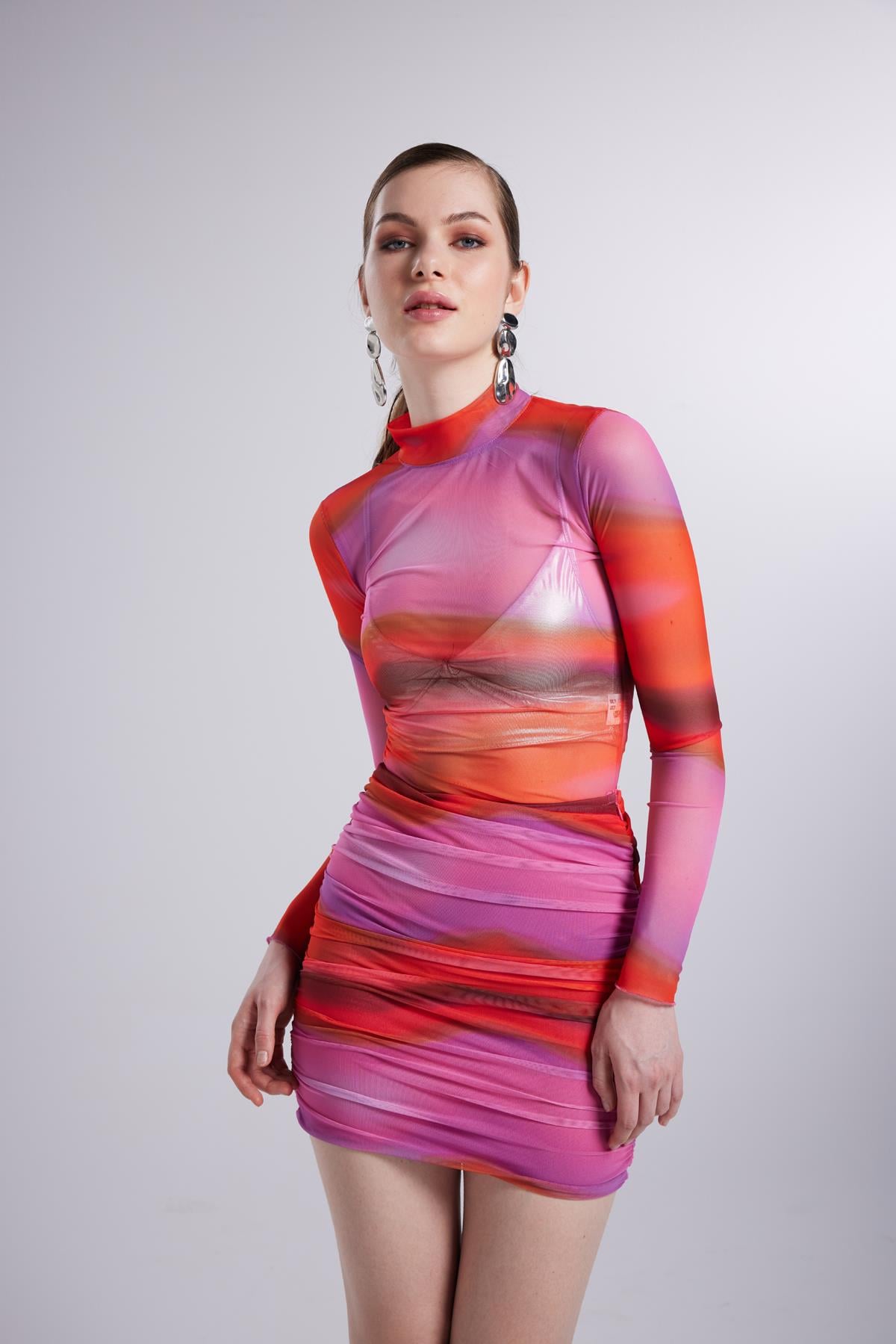 Image of Balıkçı Yaka Astarlı Mini Çok Renkli İkili Inferno Takım Pembe