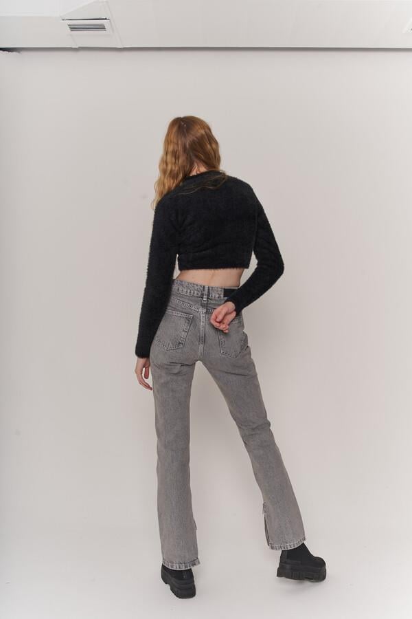 Image of Likrasız Yüksek Bel Straight Kesim Toll Jean Pantolon Gri