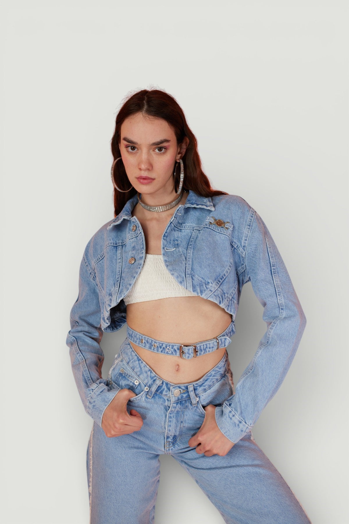 Image of Crop Model Düğme Kapamalı Biana Jean Ceket Mavi