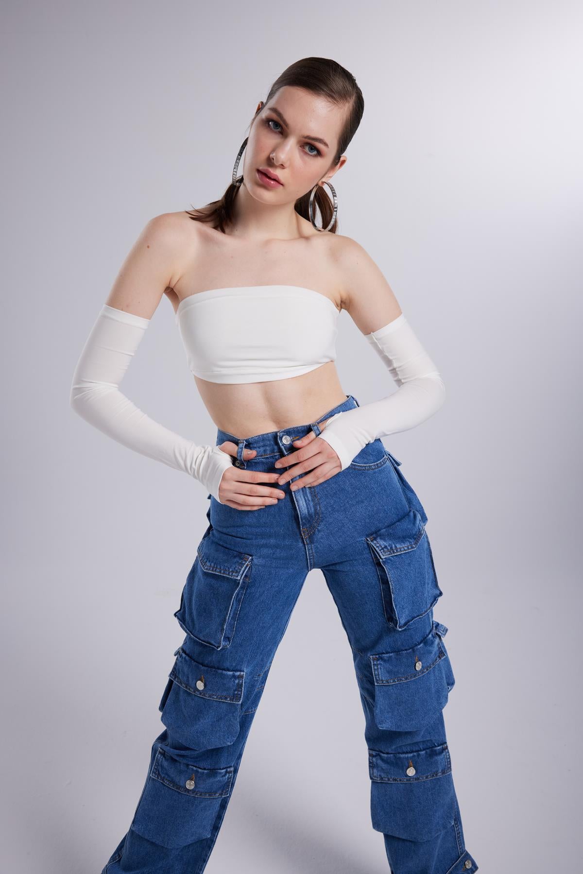 Image of Yüksek Bel Wide Leg  Cargo Jean Pantolon Mavi