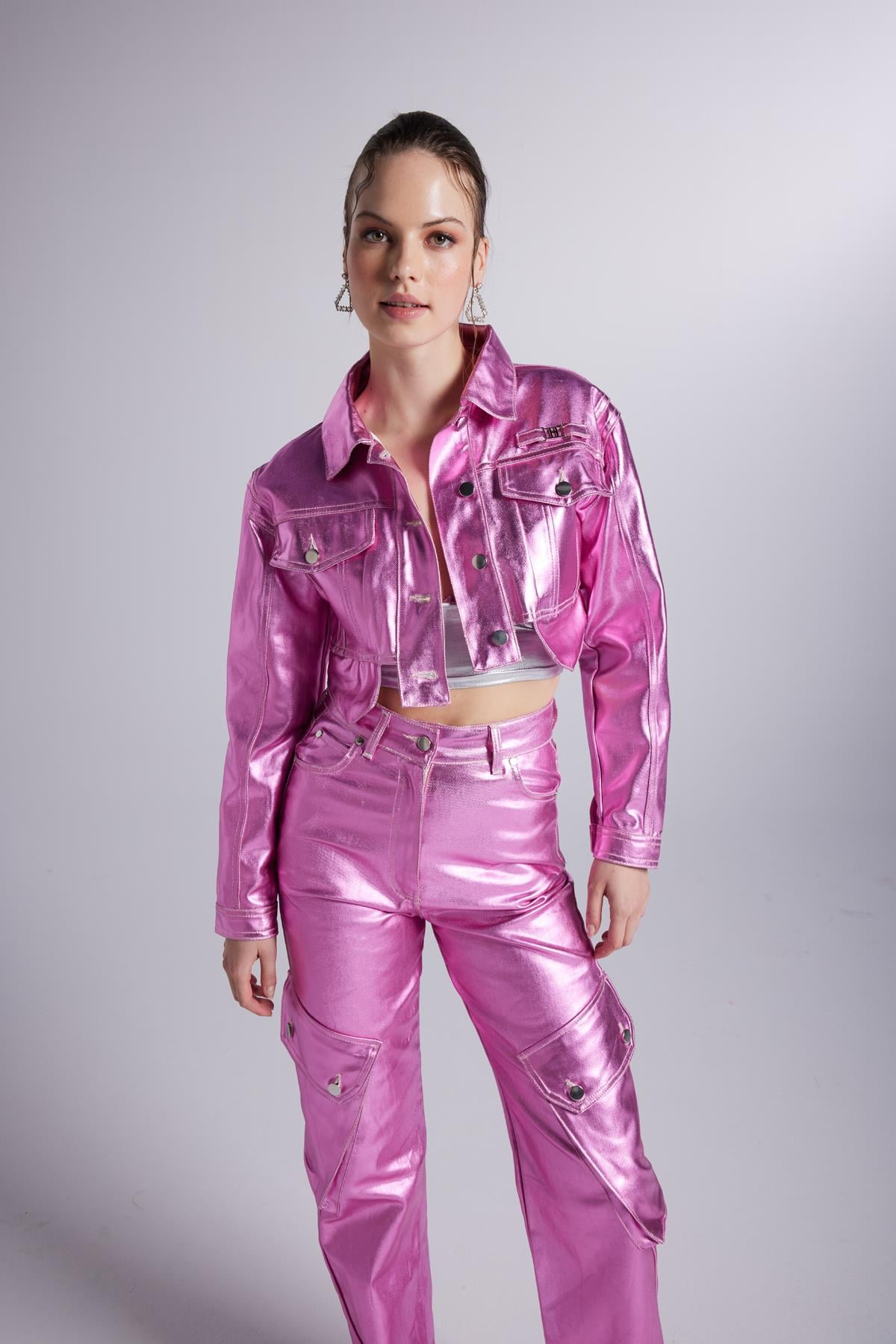 Image of Varak Kaplama Crop Millen Ceket Pembe