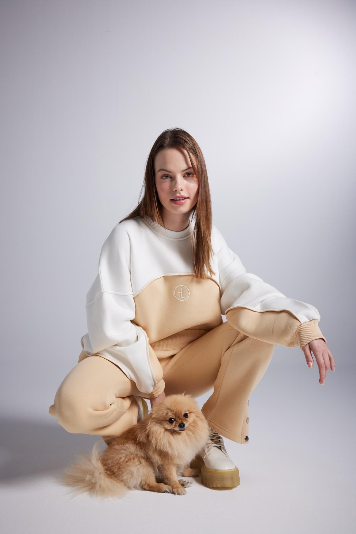 Image of Şardonlu 3 İplik Kumaş Logolu Oversize Nola Sweatshirt Bej