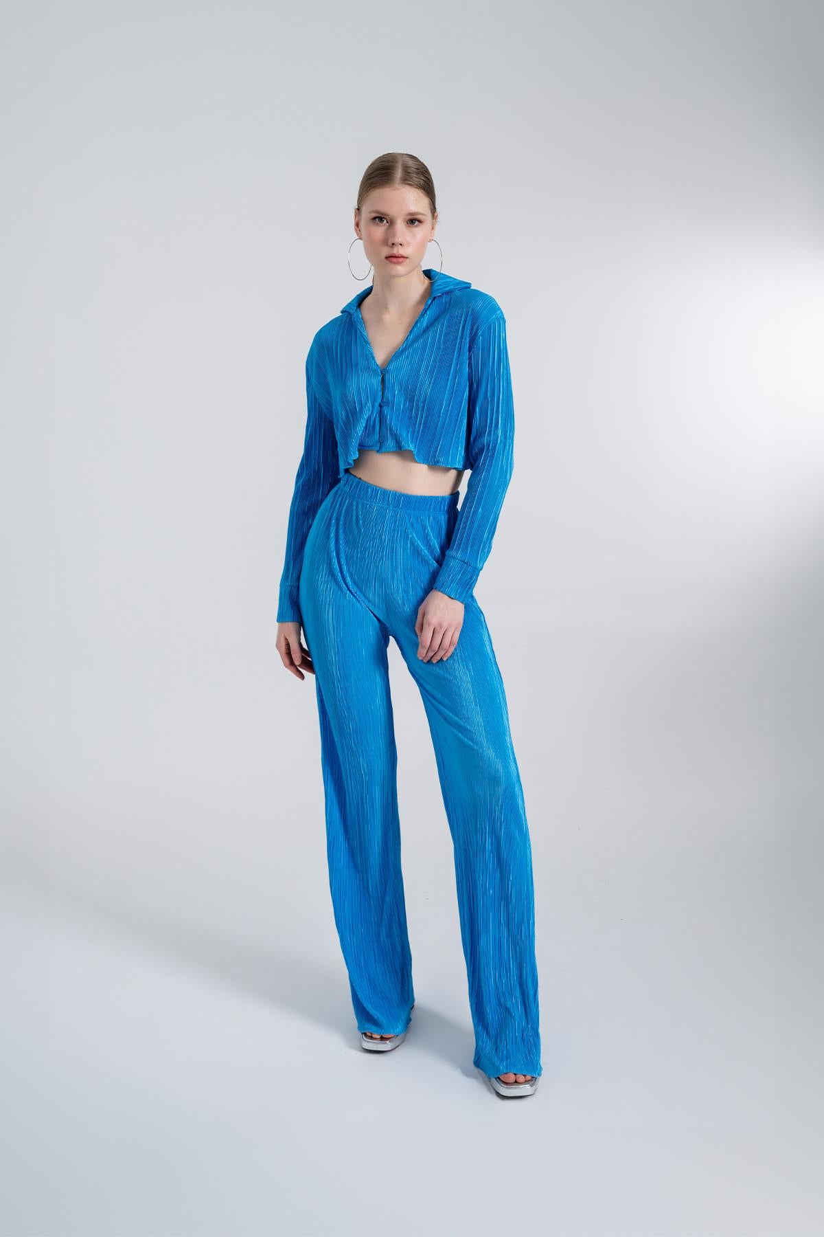 Image of Beli Lastikli Esnek Comfy Pantolon Mavi