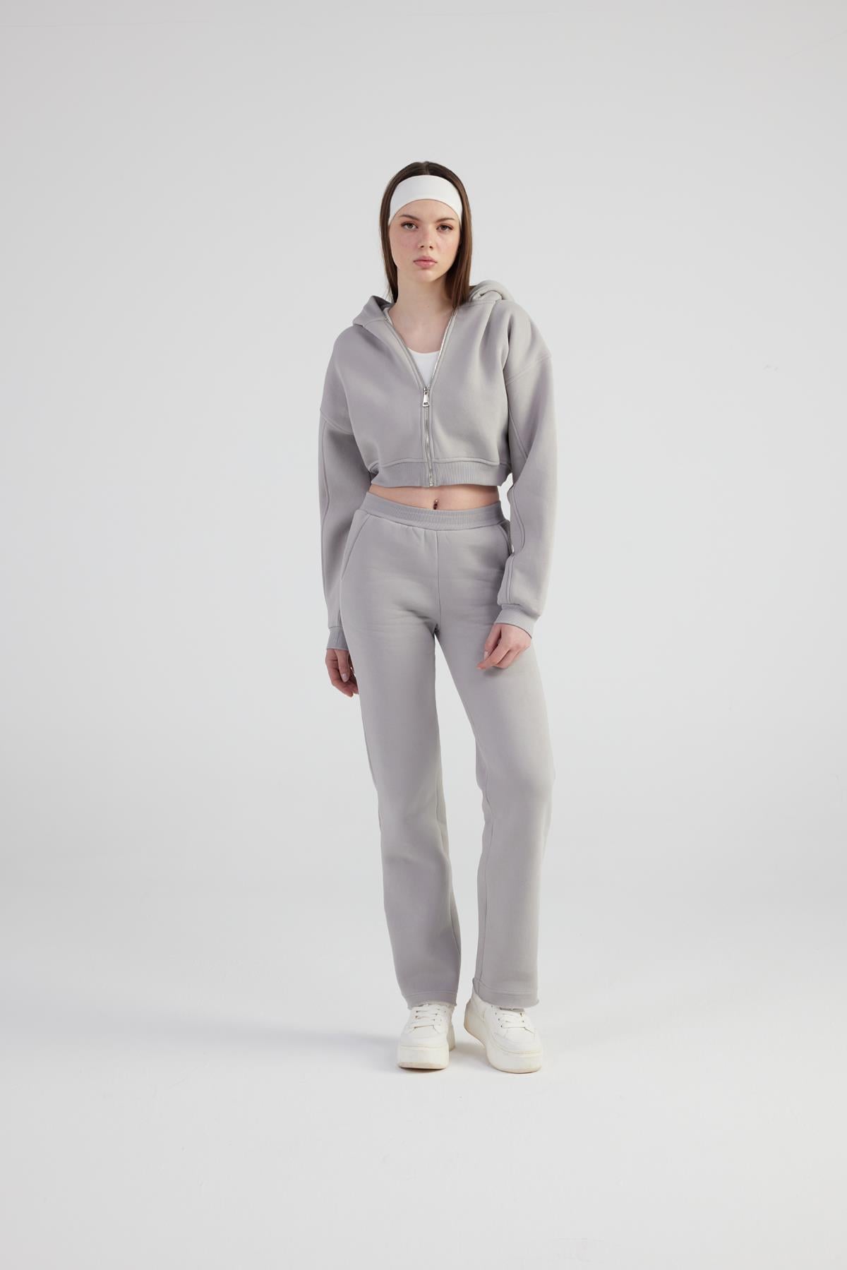Image of Kadın Gri Kapüşonlu Uzun Kol Fermuarlı Crop Mixed Sweat
