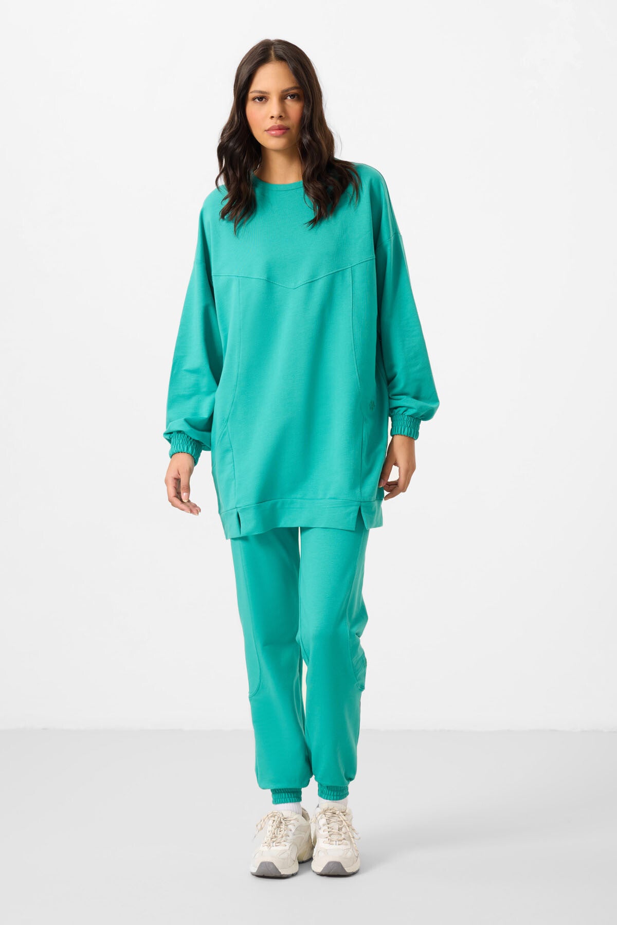 Image of Deniz Yeşil O Yaka Basic Oversize Kadın Eşofman Tunik Takım - 95347
