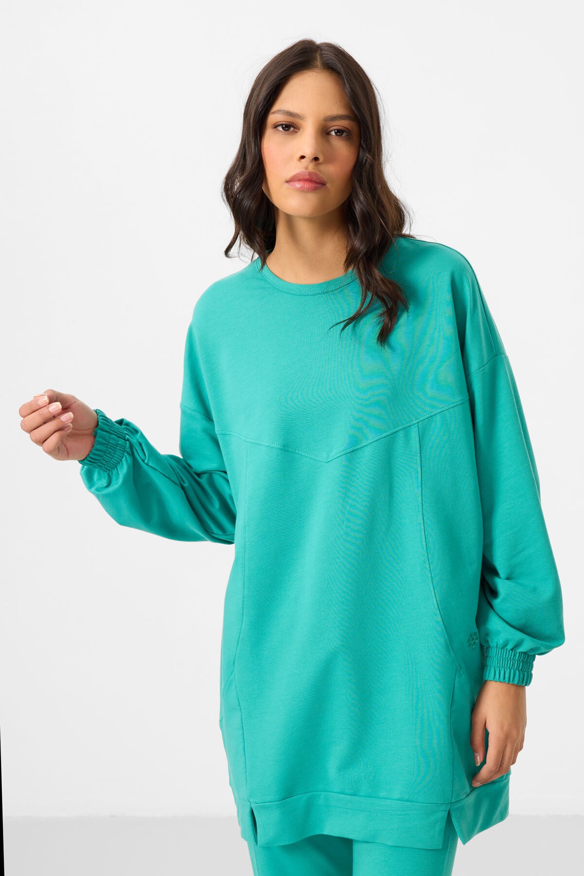 Image of Sea Green Crew Neck Basic Oversize Women's Tracksuit Tunic Set - 95347