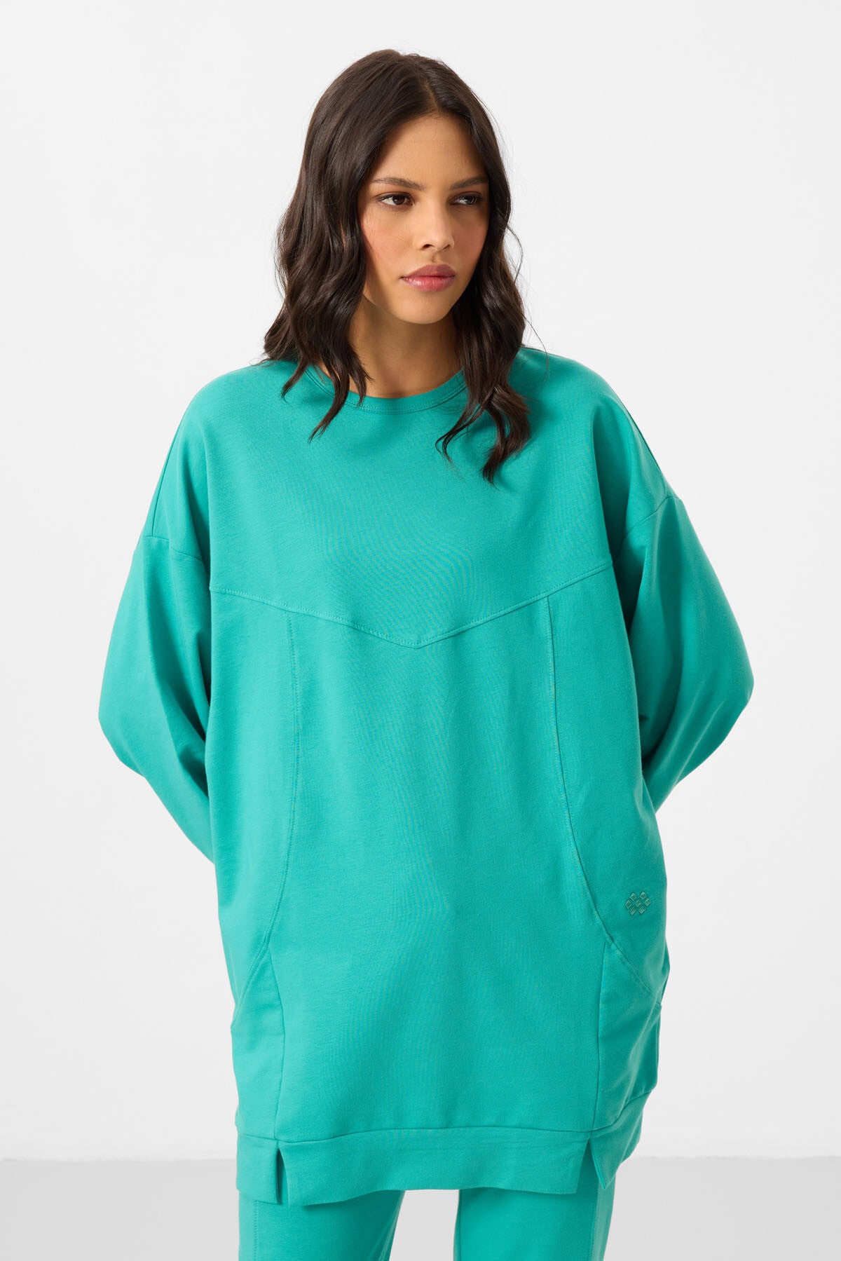 Image of Deniz Yeşil O Yaka Basic Oversize Kadın Eşofman Tunik Takım - 95347