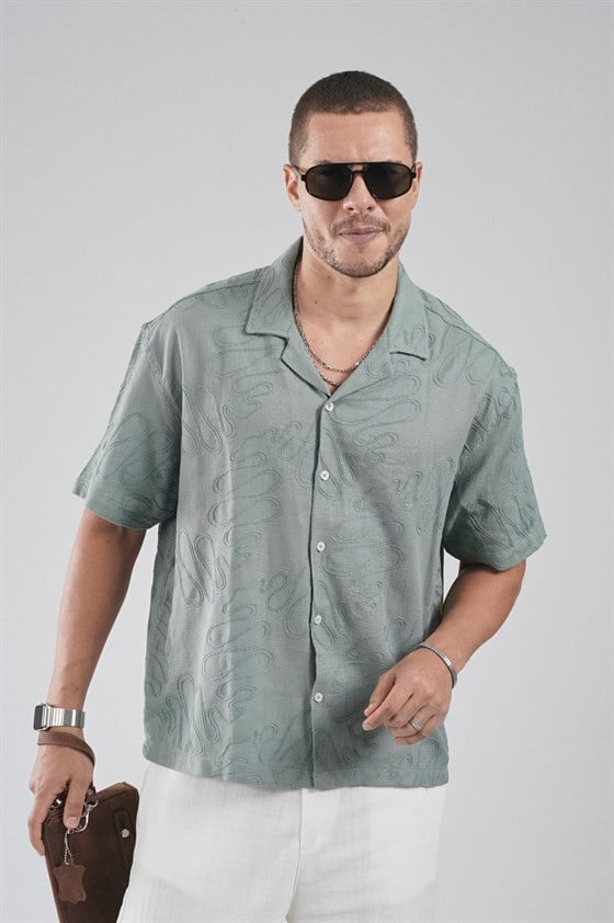 Image of Patterned Embroidered Detail Regular Fit Men's Shirt