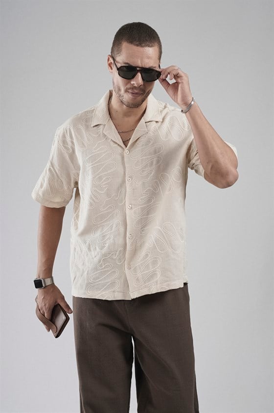 Image of Patterned Embroidered Detail Regular Fit Men's Shirt