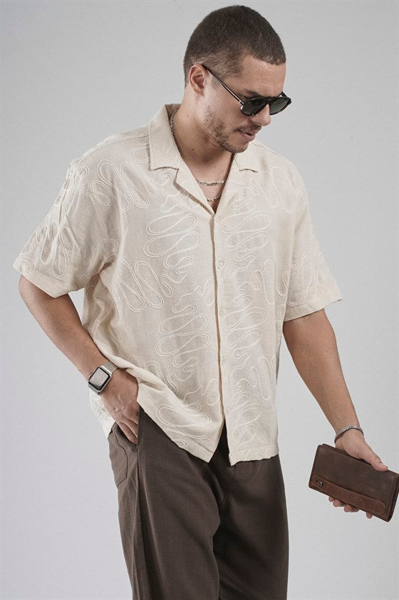 Image of Patterned Embroidered Detail Regular Fit Men's Shirt