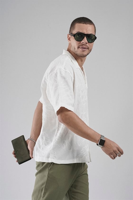 Image of Patterned Embroidered Detail Regular Fit Men's Shirt