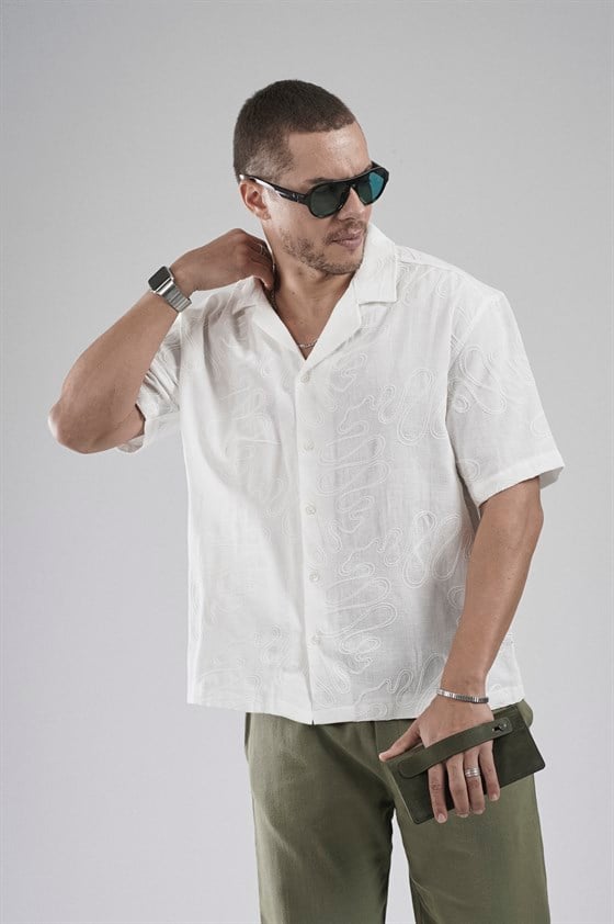 Image of Patterned Embroidered Detail Regular Fit Men's Shirt
