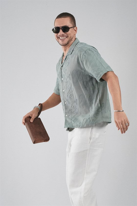 Image of Patterned Embroidered Detail Regular Fit Men's Shirt