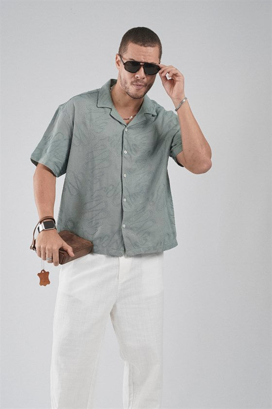 Image of Patterned Embroidered Detail Regular Fit Men's Shirt