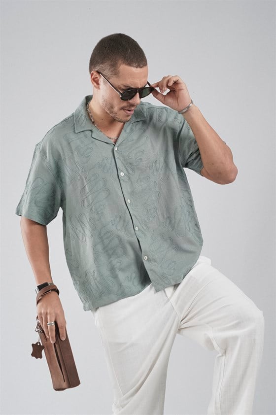 Image of Patterned Embroidered Detail Regular Fit Men's Shirt