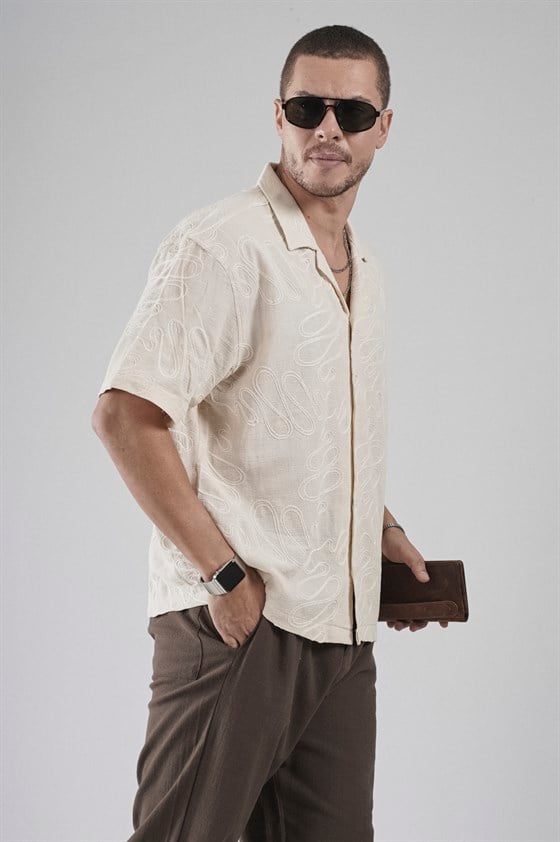 Image of Patterned Embroidered Detail Regular Fit Men's Shirt