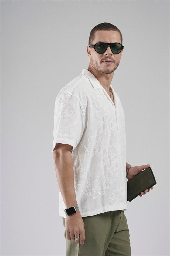 Image of Patterned Embroidered Detail Regular Fit Men's Shirt