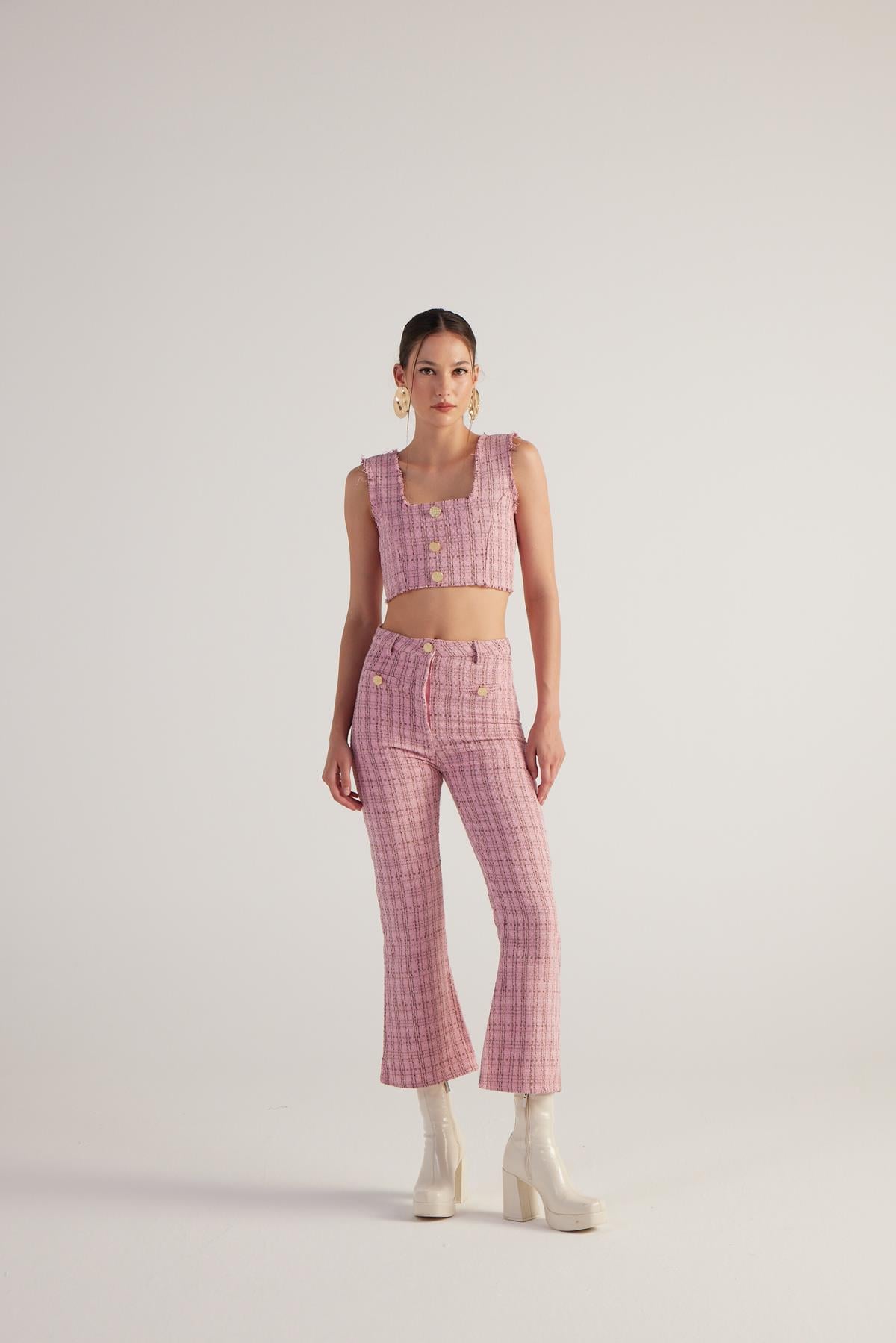 Image of İspanyol Kesim Tüvit Tweed Pantolon Pembe