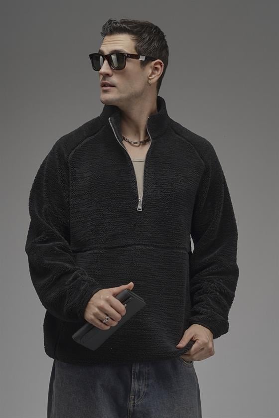 Image of Dik Yaka Fermuarlı Cepli Reglan Kol Oversize Kalıp Erkek Polar