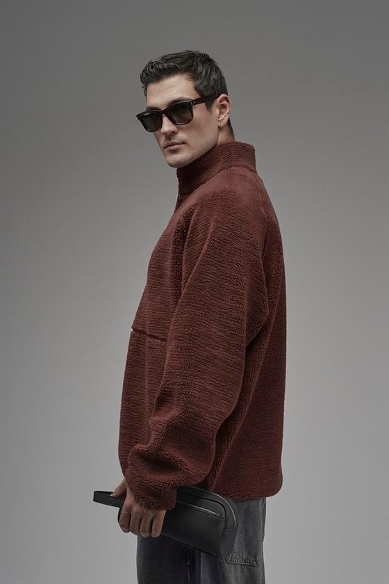 Image of Jachetă bărbătească din fleece, cu guler înalt și fermoar, cu mâneci raglan, croială supradimensionată